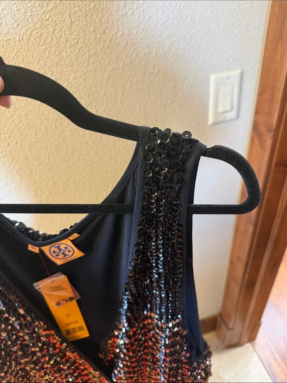 Tory Burch Black and Gold Ombre Sequin V-Neck Mini Dress with tag.